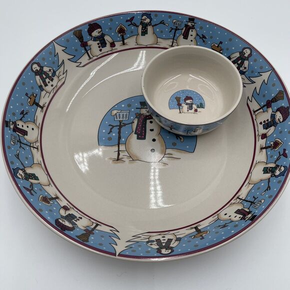Snowman Holiday Canterbury Potteries Winter 2 pc Chip Dip Stoneware NIB - Picture 9 of 10